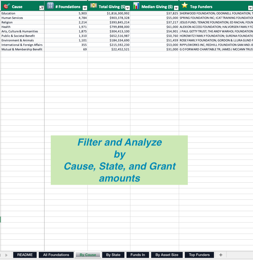 Foundation Funder Database — Summary by Cause Area tab